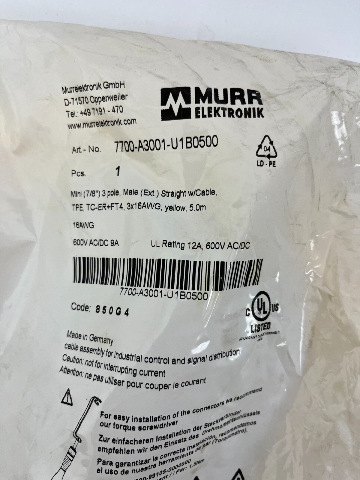 Murrelektronik 7700-A3001-U1B0500 7/8" 3-Pole Male Cable 5m 16AWG TC-ER FT4