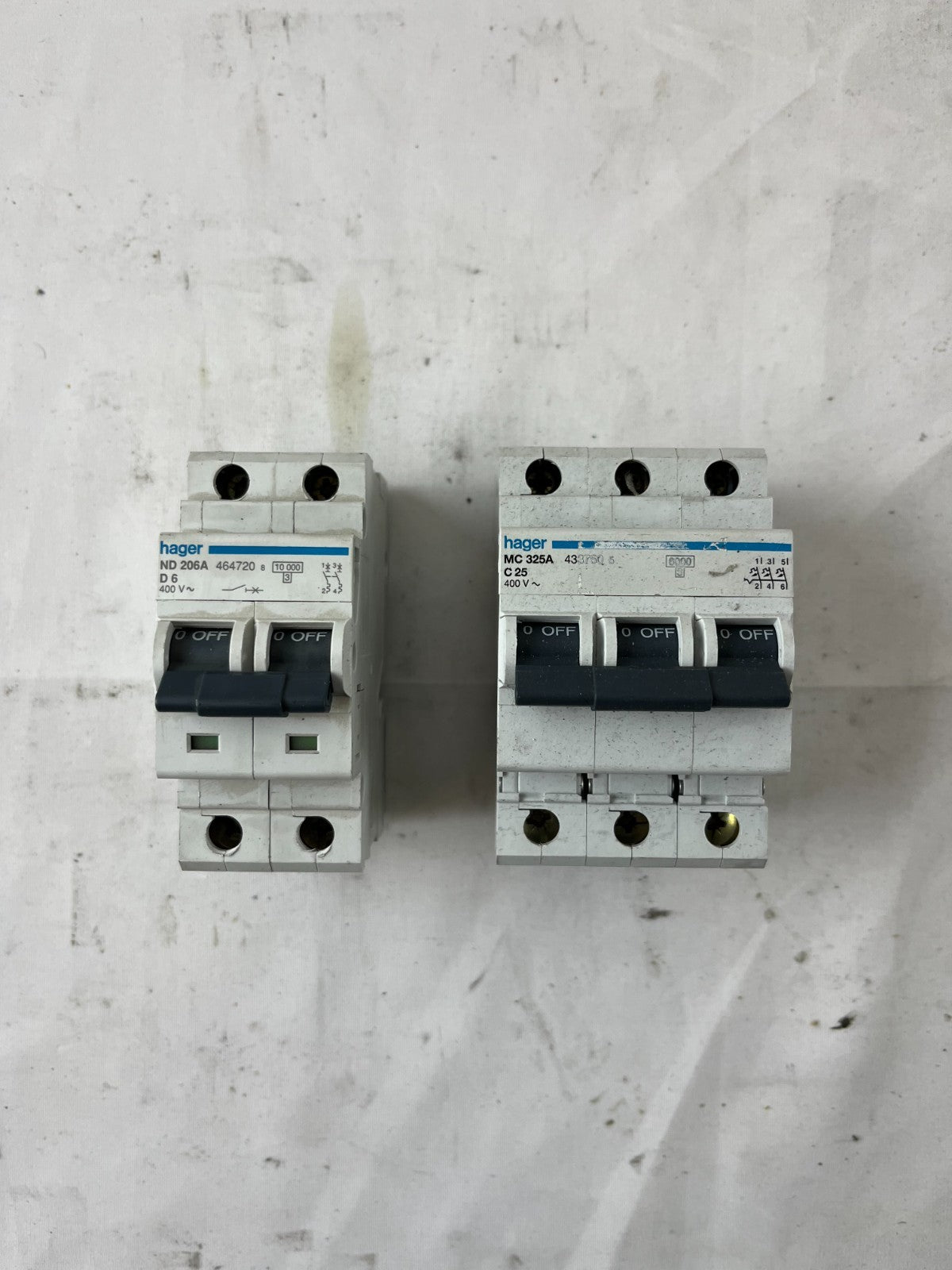 Hager ND206A D6 2P & MC325A C25 3P Circuit Breaker Lot 2pcs 400V Used Spares