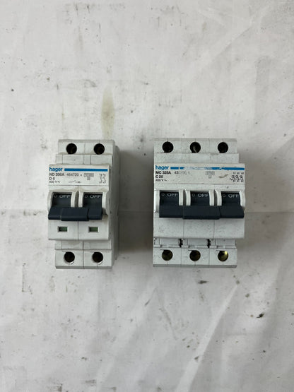 Hager ND206A D6 2P & MC325A C25 3P Circuit Breaker Lot 2pcs 400V Used Spares