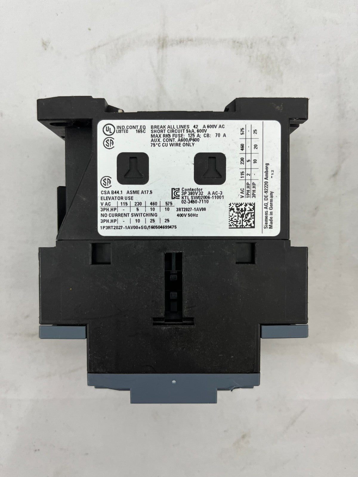 Siemens SIRIUS 3RT2027-1AV00 Contactor, 3-Pole, 32A, 400V 50Hz, Elevator Motor