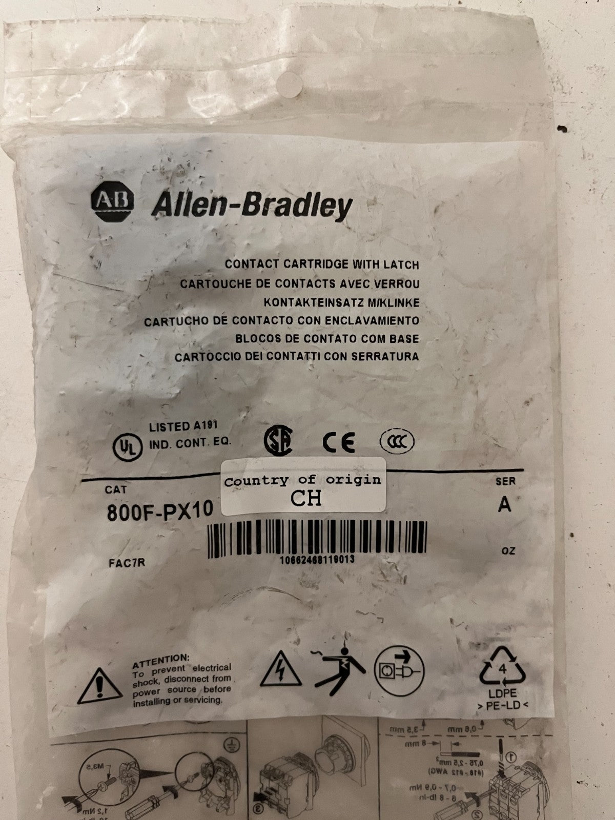 Allen-Bradley 800F-PX10 Contact Cartridge w/ Latch, NEW, 1NO, Series A, OEM