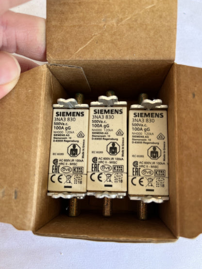 Siemens 3NA3 830 NH000 Fuse Link 100A gG 500V New 3 Pcs Spare Units
