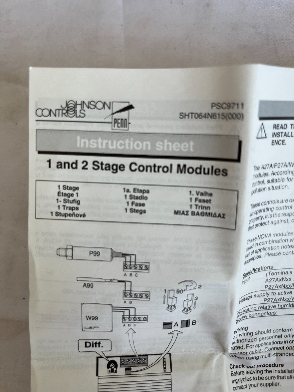 Johnson Controls A27A1N11 1 Stage Control Module 24V AC/DC New Spare Unit