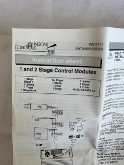 Johnson Controls A27A1N11 1 Stage Control Module 24V AC/DC New Spare Unit