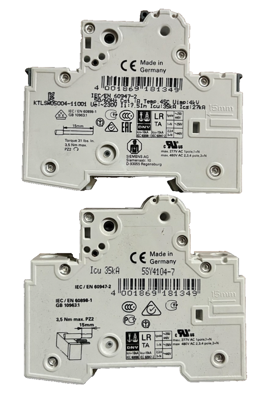Siemens 5SY4104-7 MCB C4 4A Miniature Circuit Breaker Bundle of 2 Used Germany