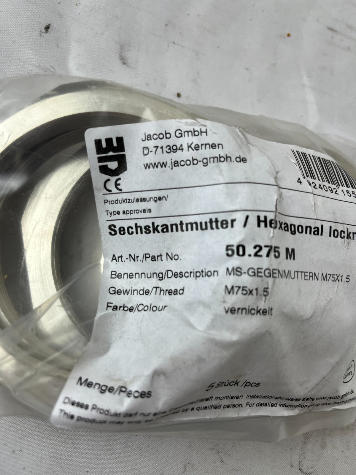 Jacob 50.275 M Hexagonal Locknut M75x1.5 Nickel Plated 5pcs New
