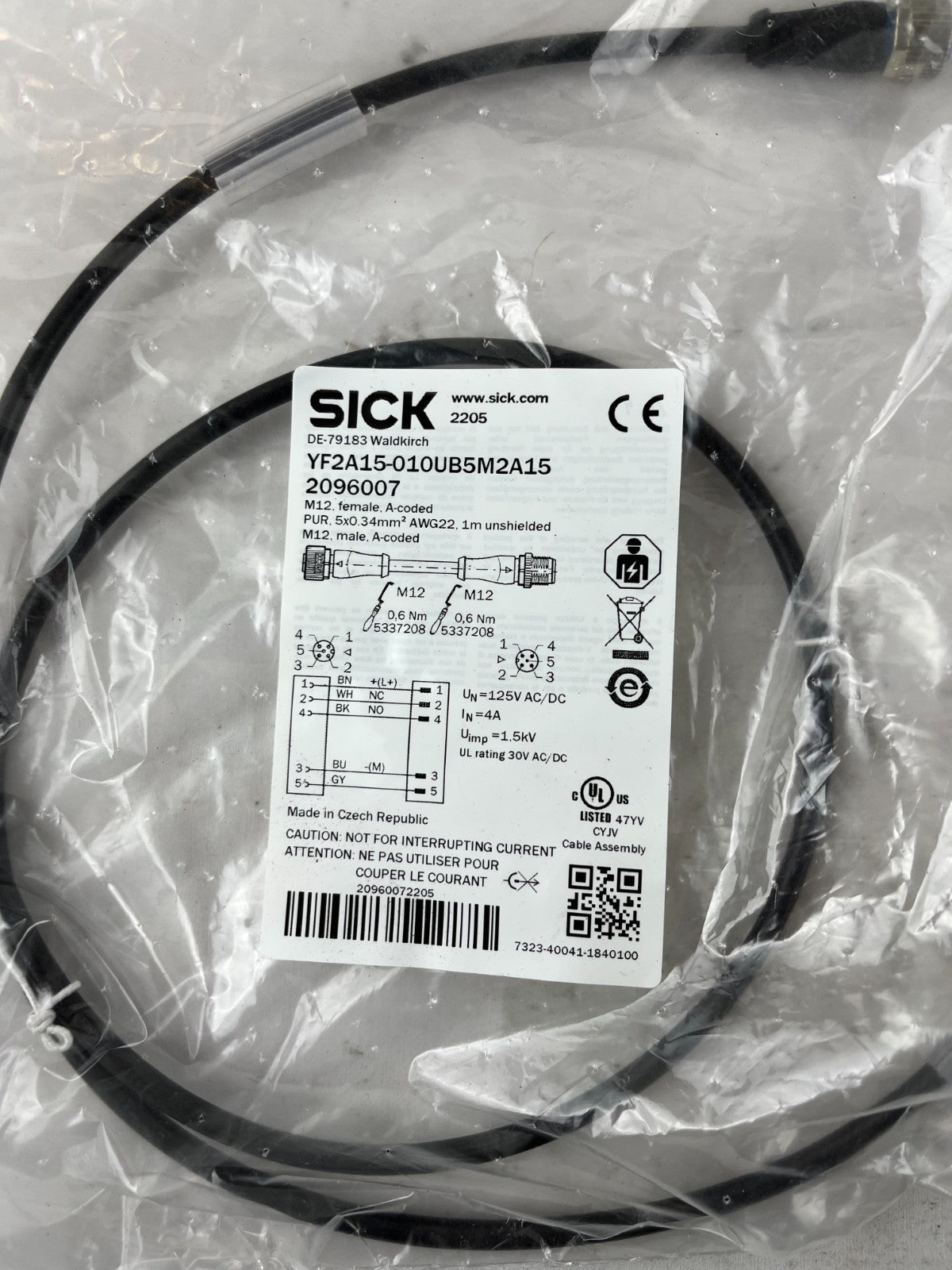 SICK YF2A15-010UB5M2A15 M12 Sensor Cable 1m 5-Pin A-Coded PUR AWG22 Germany NEW