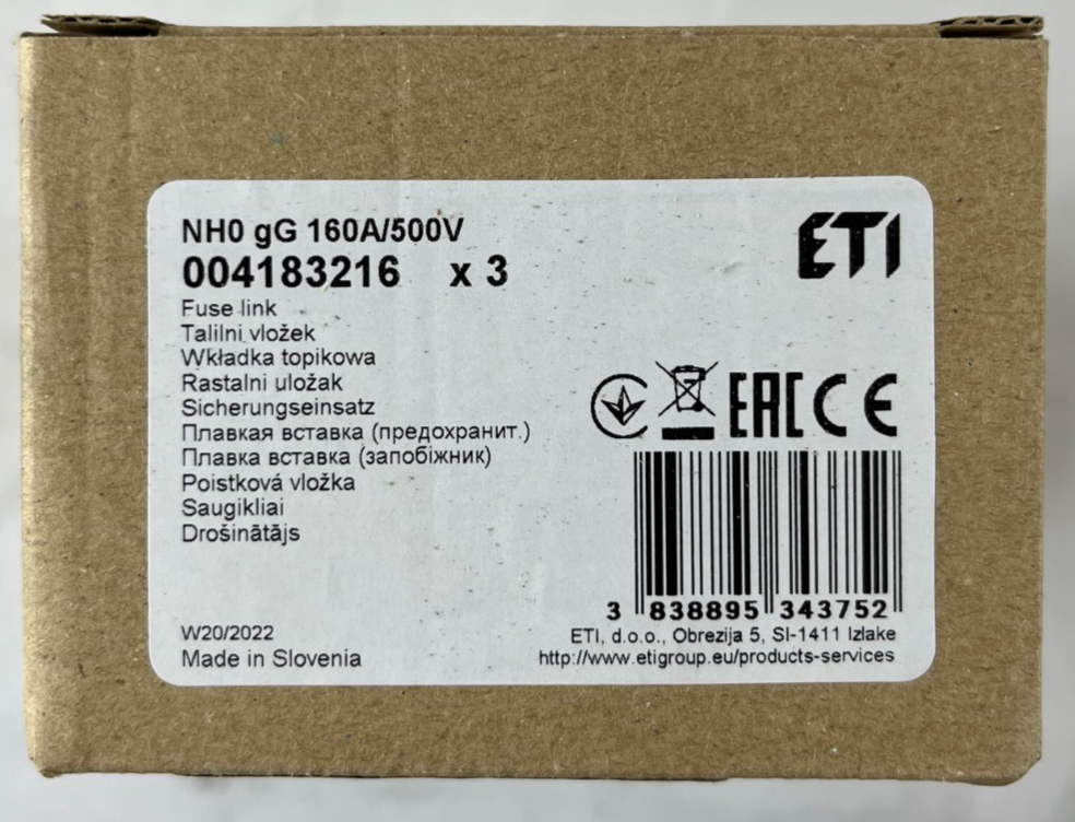 3x ETI NH0 NV0 Fuse Links 160A 500V gG 120kA 004183216 New in Box Slovenia