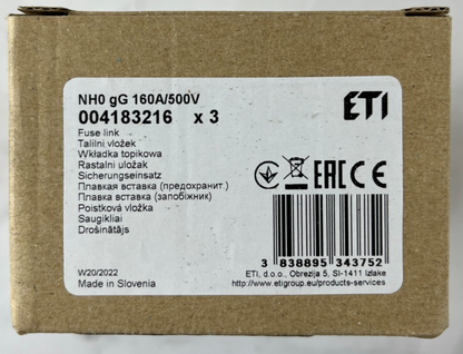 3x ETI NH0 NV0 Fuse Links 160A 500V gG 120kA 004183216 New in Box Slovenia
