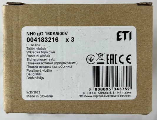 3x ETI NH0 NV0 Fuse Links 160A 500V gG 120kA 004183216 New in Box Slovenia