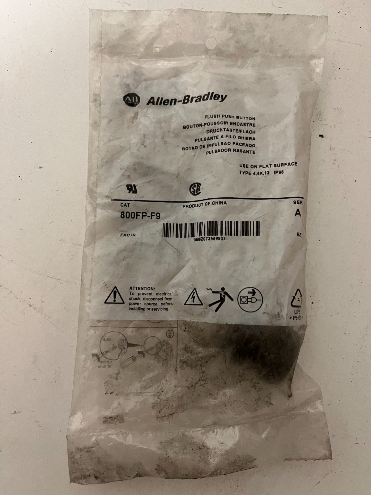 Allen-Bradley 800FP-F9 Flush Push Button, 22mm, IP66, NEW OEM Bag 1 Piece
