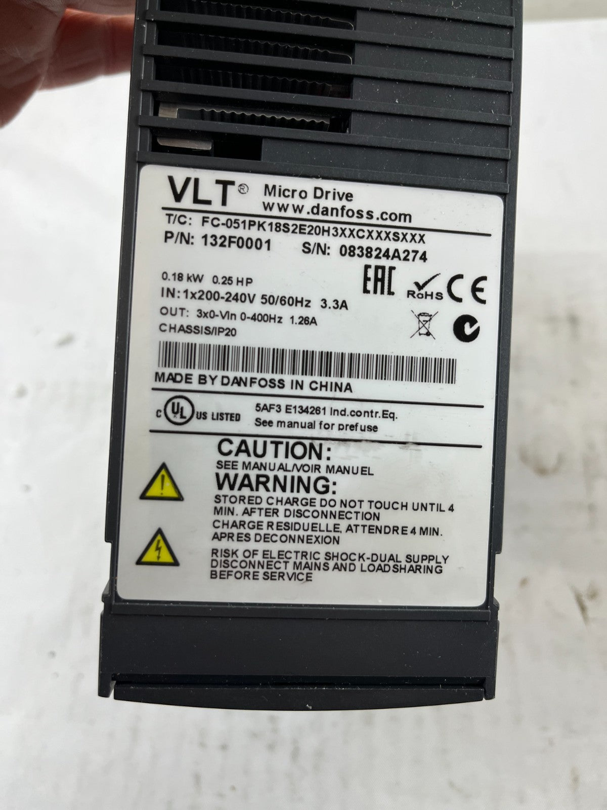 Danfoss VLT Micro Drive FC-051PK18S2E20H3 VFD 0.18kW 200-240V Used Spare Unit