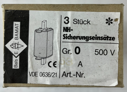 3x Bals E‑BAMAT NH0 Fuse Inserts 63A 500V gL IEC 269 VDE 0636/21 NOS NEW