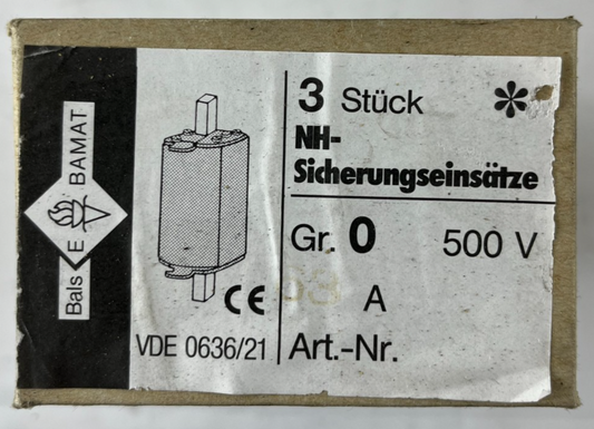 3x Bals E‑BAMAT NH0 Fuse Inserts 63A 500V gL IEC 269 VDE 0636/21 NOS NEW