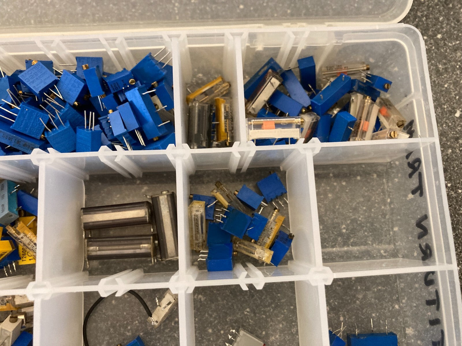 Assorted Trimmer Potentiometers and Switches Lot in Clear Plastic Storage Box