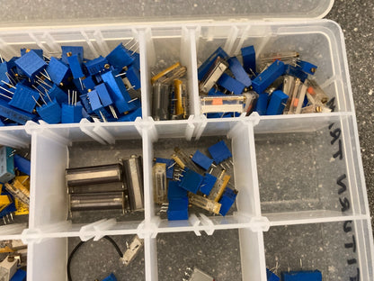 Assorted Trimmer Potentiometers and Switches Lot in Clear Plastic Storage Box