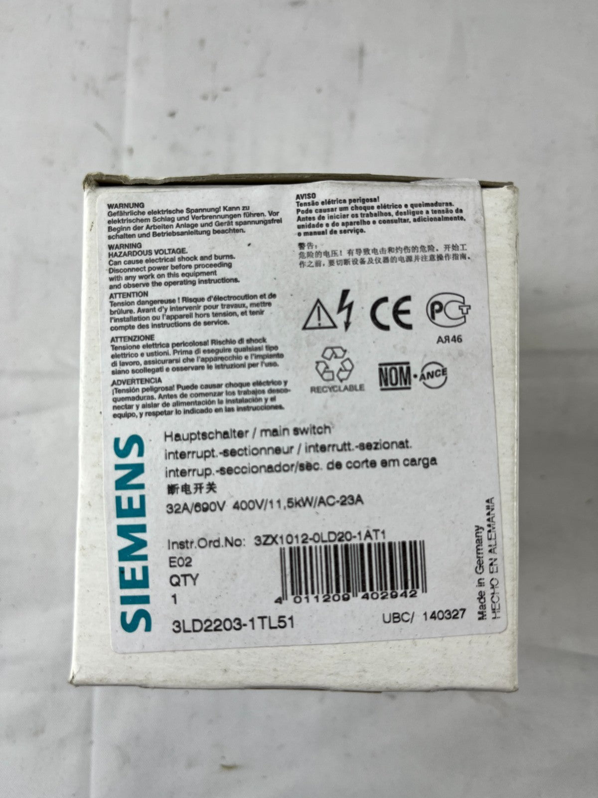Siemens 3LD2203-1TL51 Main Switch Disconnector 4-Pole 32A 690V 11.5kW New