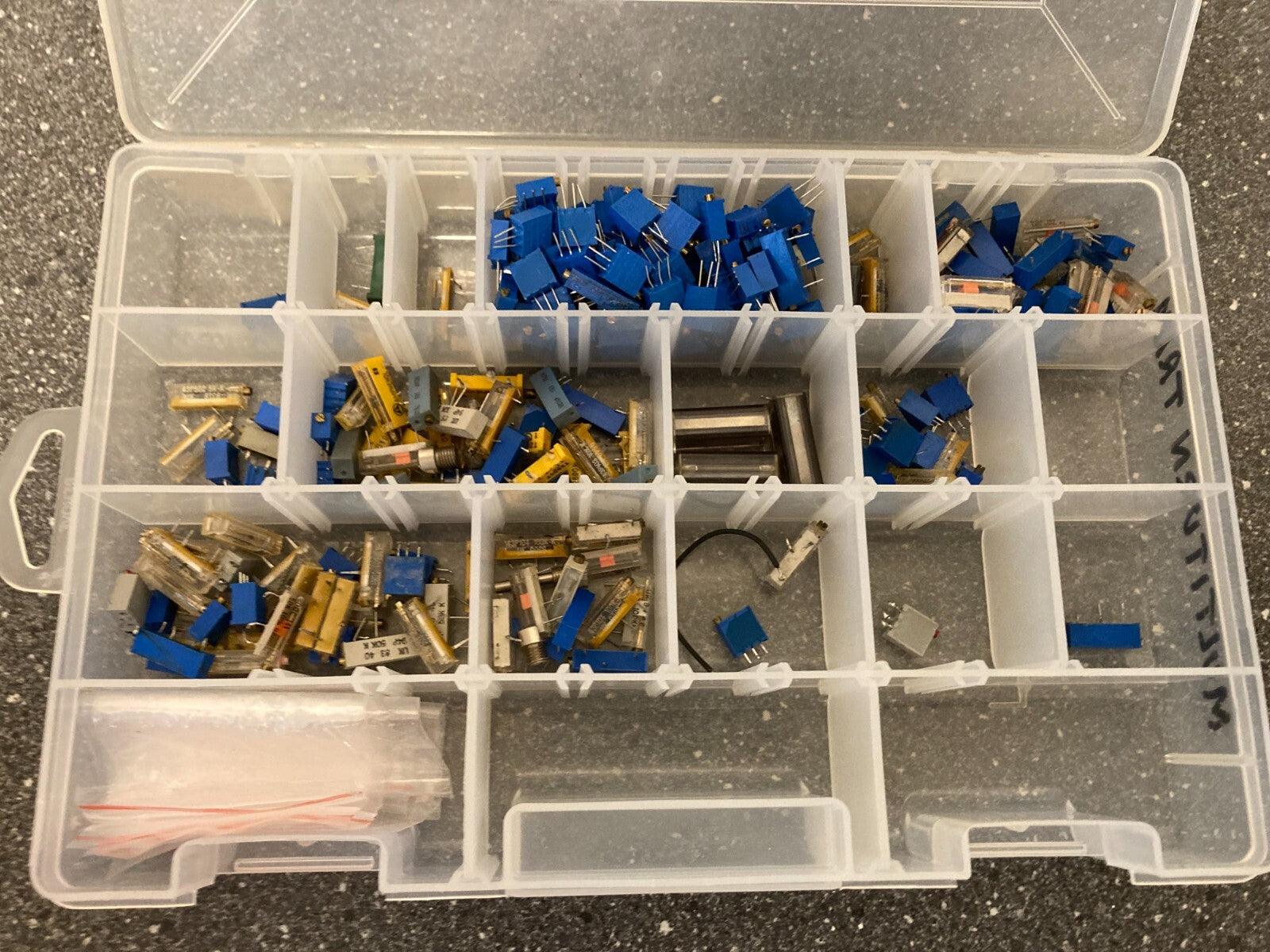 Assorted Trimmer Potentiometers and Switches Lot in Clear Plastic Storage Box
