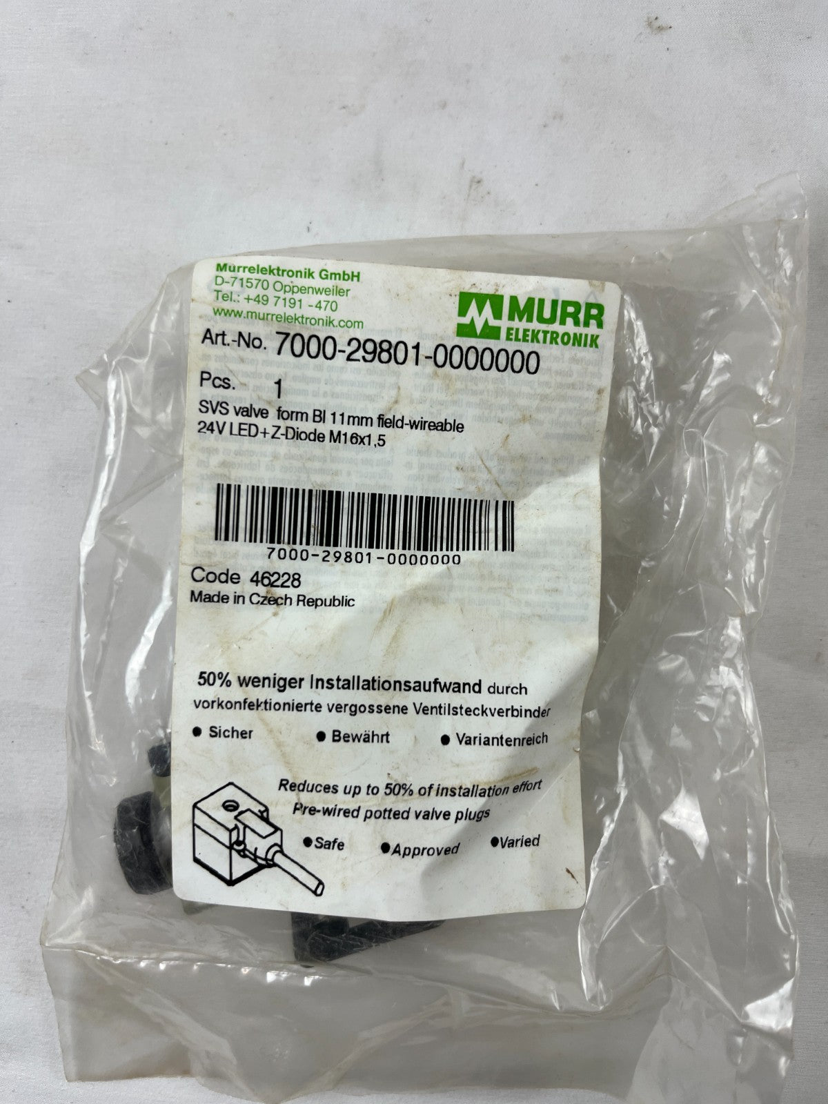 Murr Elektronik 7000-29801-0000000 Valve Connector Form B 24V LED Z-Diode New