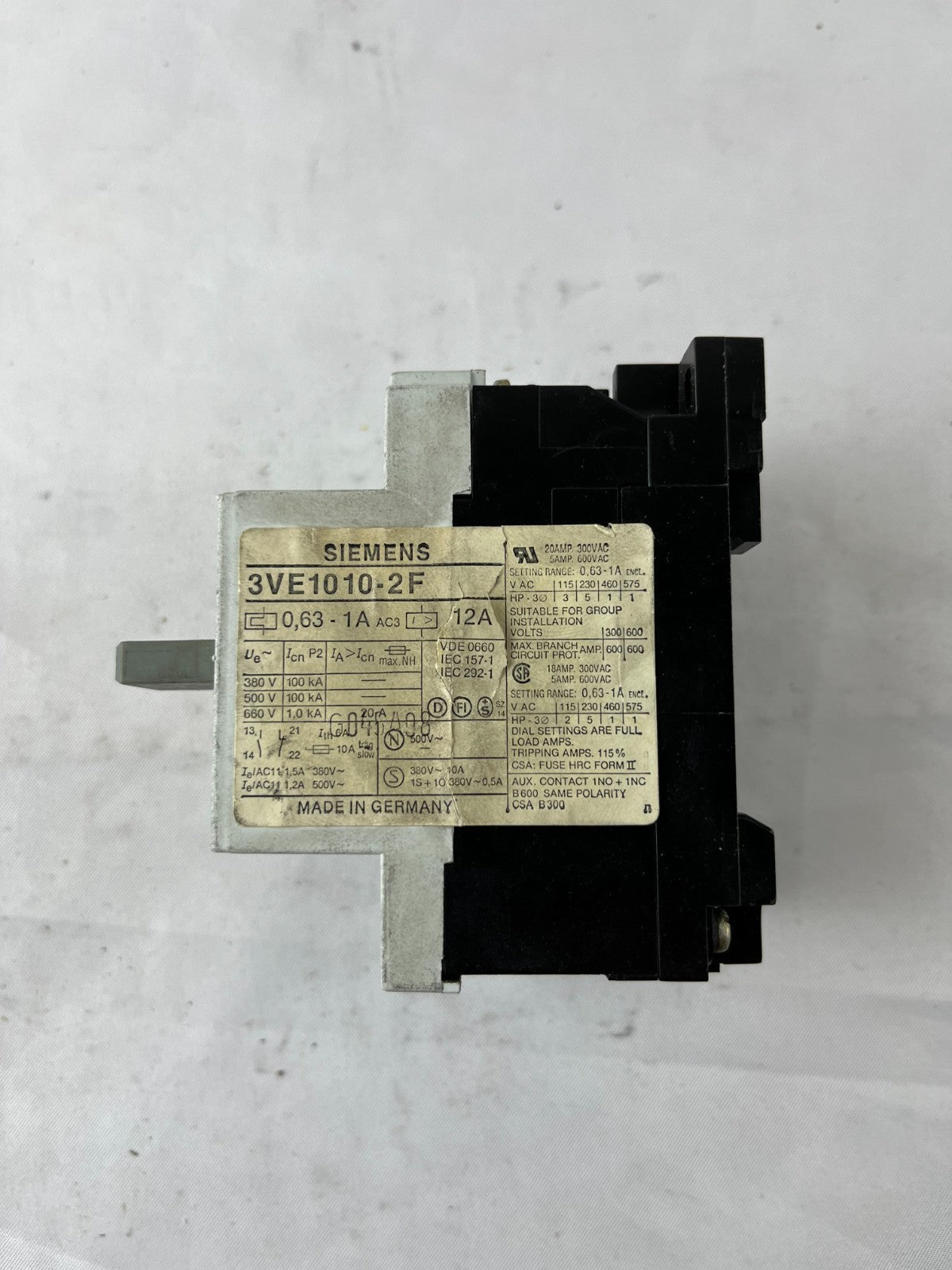 Siemens 3VE1010-2F Motor Protection Circuit Breaker 0.63–1A 3‑Pole Used Spare
