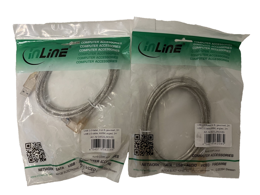 Lot of 2x InLine USB 2.0 Cable AM to BM Angled 2m Art. 34520L New Sealed