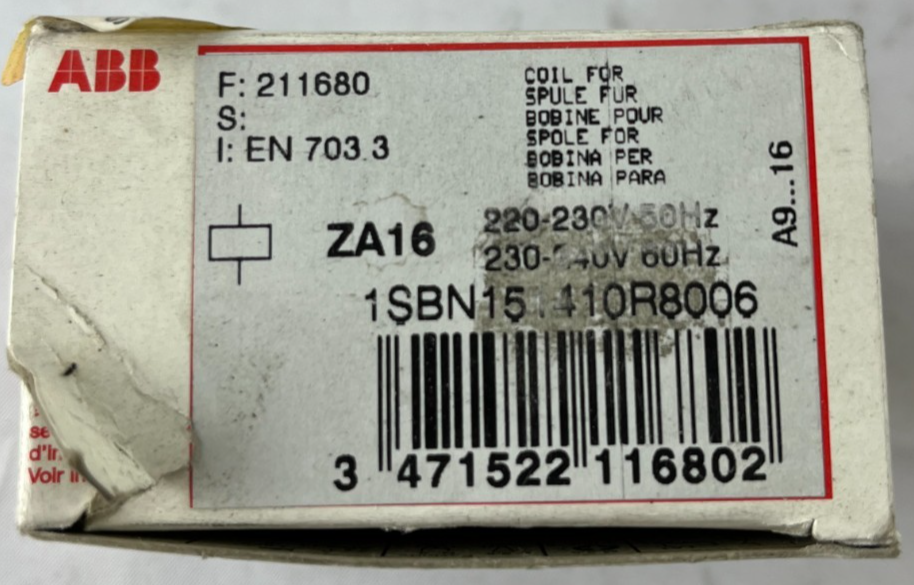 ABB ZA16 1SBN151410R8006 Contactor Coil 220–230 V 50 Hz / 230–240 V 60 Hz A9–A16