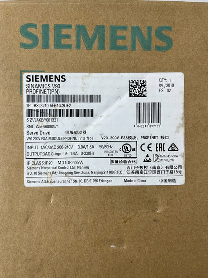 Siemens 6SL3210-5FB10-2UF2 Sinamics V90 Servo Drive 0.2 kW PROFINET New Boxed