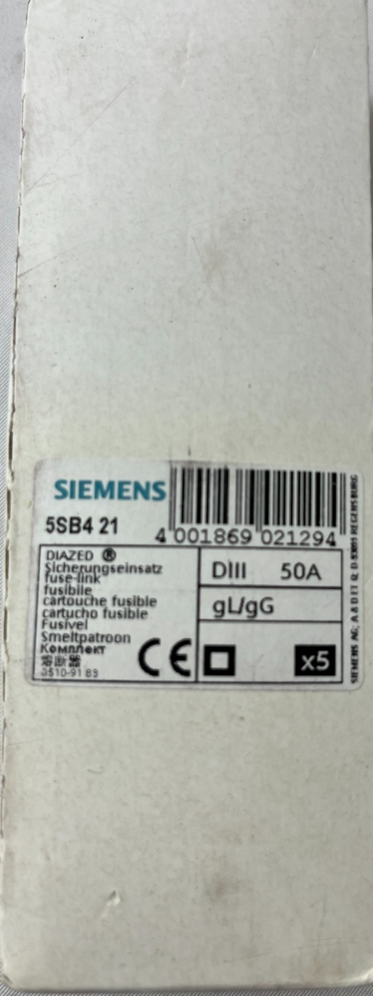 Siemens 5SB4 21 DIII 50A 500V gL/gG Diazed Fuse Links Box Of 5 New Spares