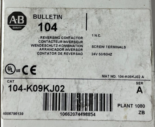 Allen-Bradley 104-K09KJ02 Miniature Reversing Contactor 9A 24V AC Coil New