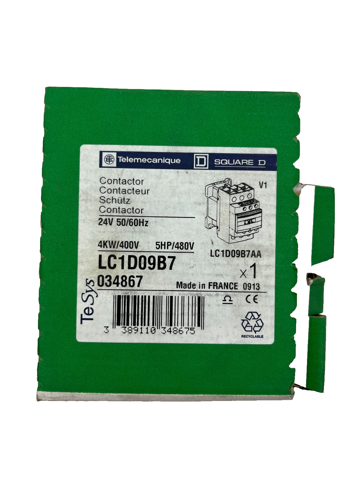 Telemecanique LC1D09B7 Contactor 24V AC Coil, 3P, 9A, 4kW/400V, New in Box
