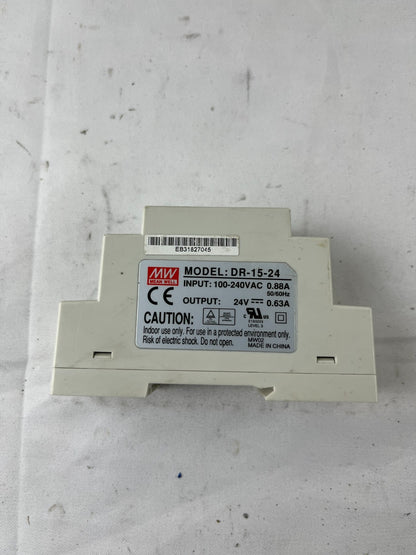 Mean Well DR-15-24 DIN Rail Power Supply 100–240VAC 24VDC 0.63A Used Spare Part