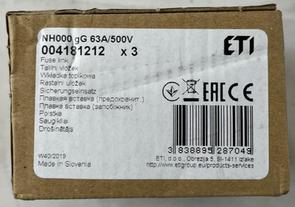 ETI NH000 Fuse Link 63A 500V gG NH Fuse 004181212 3pcs New in Box