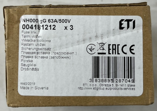 ETI NH000 Fuse Link 63A 500V gG NH Fuse 004181212 3pcs New in Box