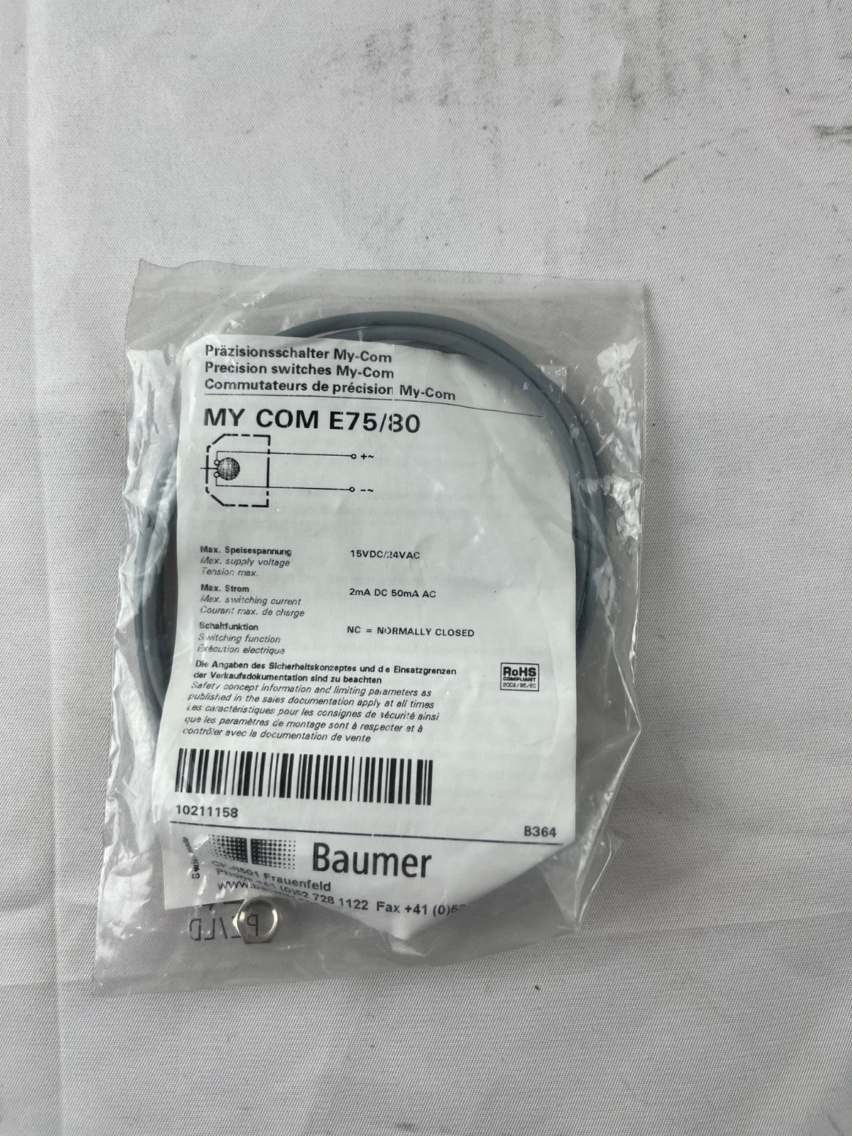 Baumer MY COM E75/80 Precision Switch NEW M6 NC 15VDC/24VAC 0.001mm Sealed