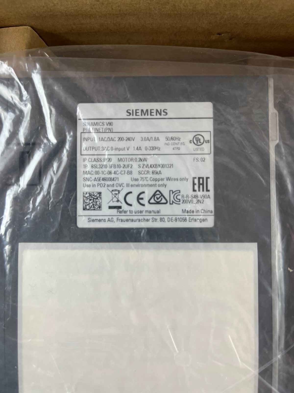 Siemens 6SL3210-5FB10-2UF2 Sinamics V90 Servo Drive 0.2 kW PROFINET New Boxed