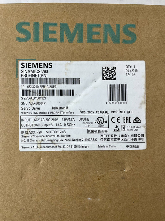 Siemens 6SL3210-5FB10-2UF2 Sinamics V90 Servo Drive 0.2 kW PROFINET New Boxed