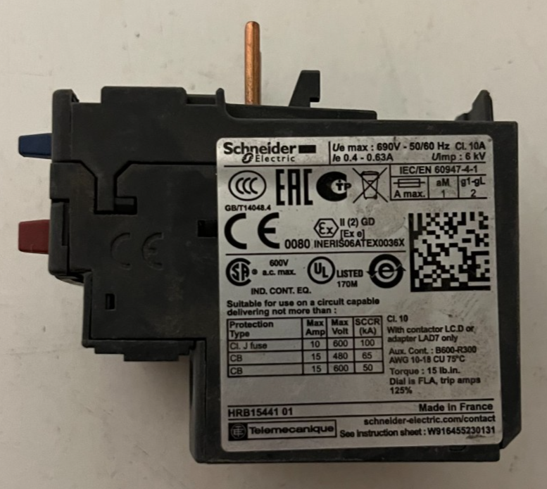 Schneider Electric LRD04 TeSys Thermal Overload Relay 0.4–0.63A 690V, Used OK
