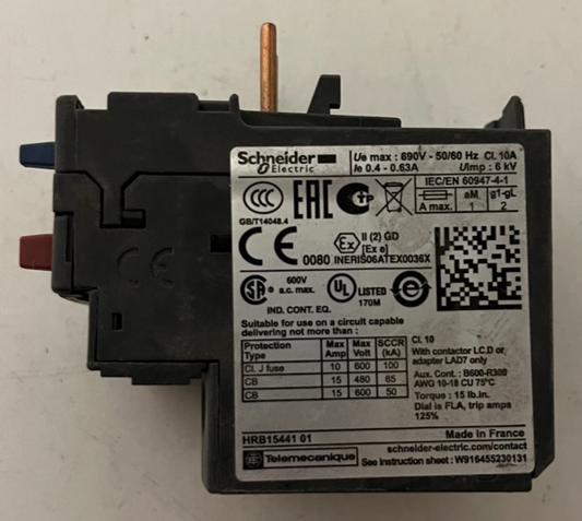 Schneider Electric LRD04 TeSys Thermal Overload Relay 0.4–0.63A 690V, Used OK