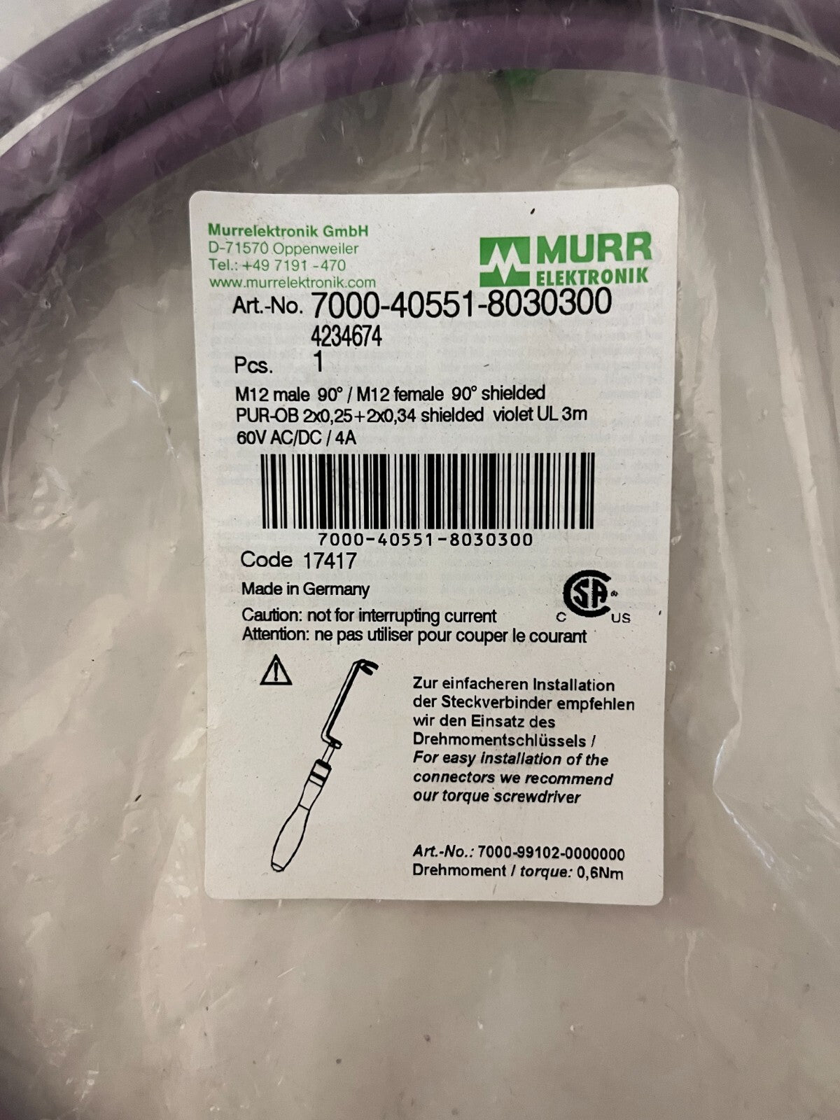 Murrelektronik 7000-40551-8030300 M12 Shielded 5-Pin Cable 3m 90° New Sealed