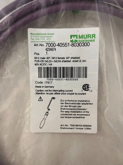 Murrelektronik 7000-40551-8030300 M12 Shielded 5-Pin Cable 3m 90° New Sealed