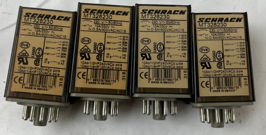 Schrack MT328230 Relay 230V AC 10A 3CO Plug‑In Tyco – Lot of 4 Used Spare Units
