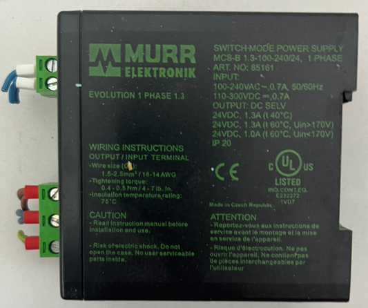 Murr Elektronik 85161 DIN Rail Power Supply 24VDC 1.3A Output 22.5–28v Used