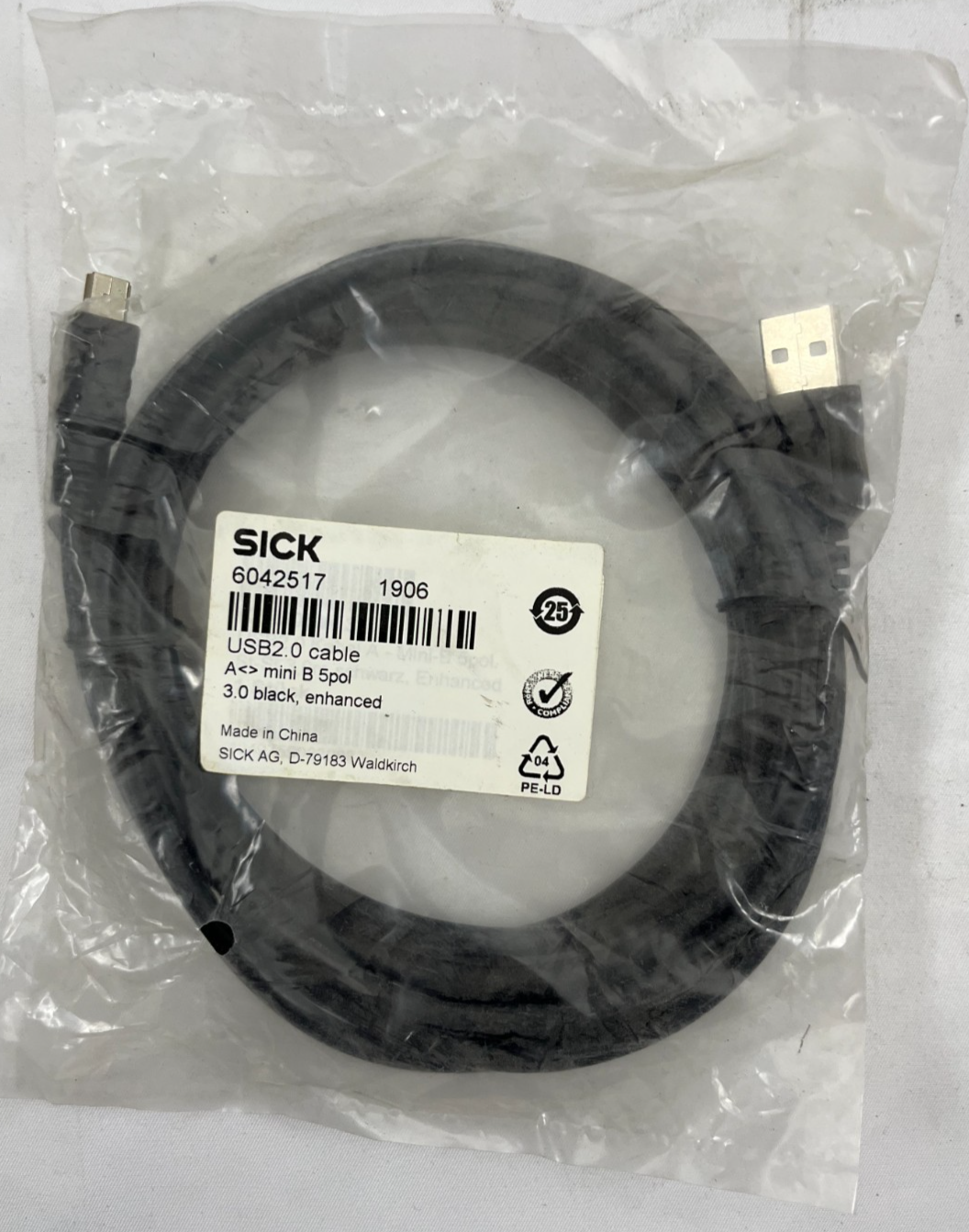 SICK 6042517 USB2.0 Cable A to Mini B 5-Pin 3m Enhanced Black NEW Sealed
