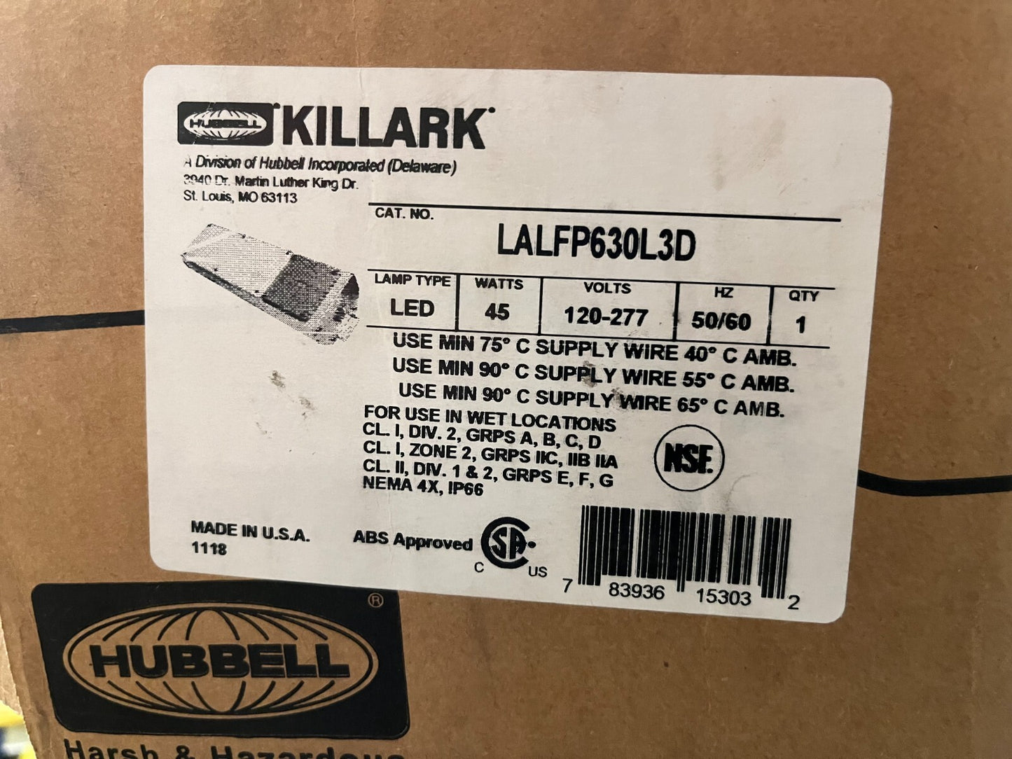 Killark LALFP630L3D 45W LED Hazardous Location Luminaire, 120-277V, IP66 NEW