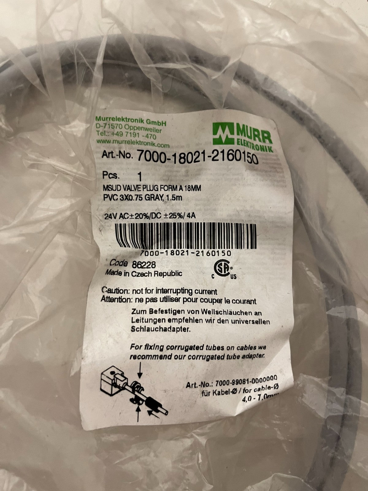 Murr Elektronik 7000-18021-2160150 MSUD Valve Plug Form A 18mm, 1.5m Cable, NEW