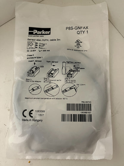 Parker P8S-GNFAX Electronic Sensor NPN 3M Cable – New Sealed in Package