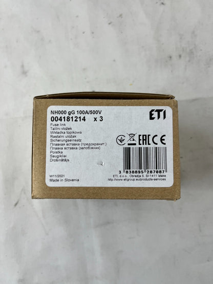 ETI NH000 Fuse Link 100A 500V gG NH Fuse 004181214 3pcs New in Box