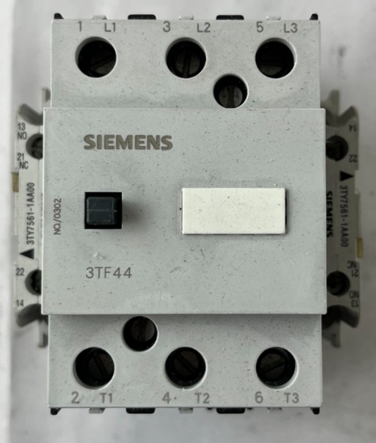 Siemens 3TF44 Contactor 3P w/ 3TY7561-1AA00 Aux Contact Block Used Spare Unit