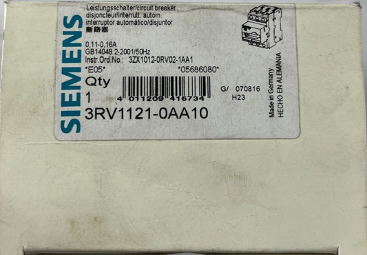 Siemens 3RV1121-0AA10 Motor Protection Circuit Breaker 0.11-0.16A New Unit