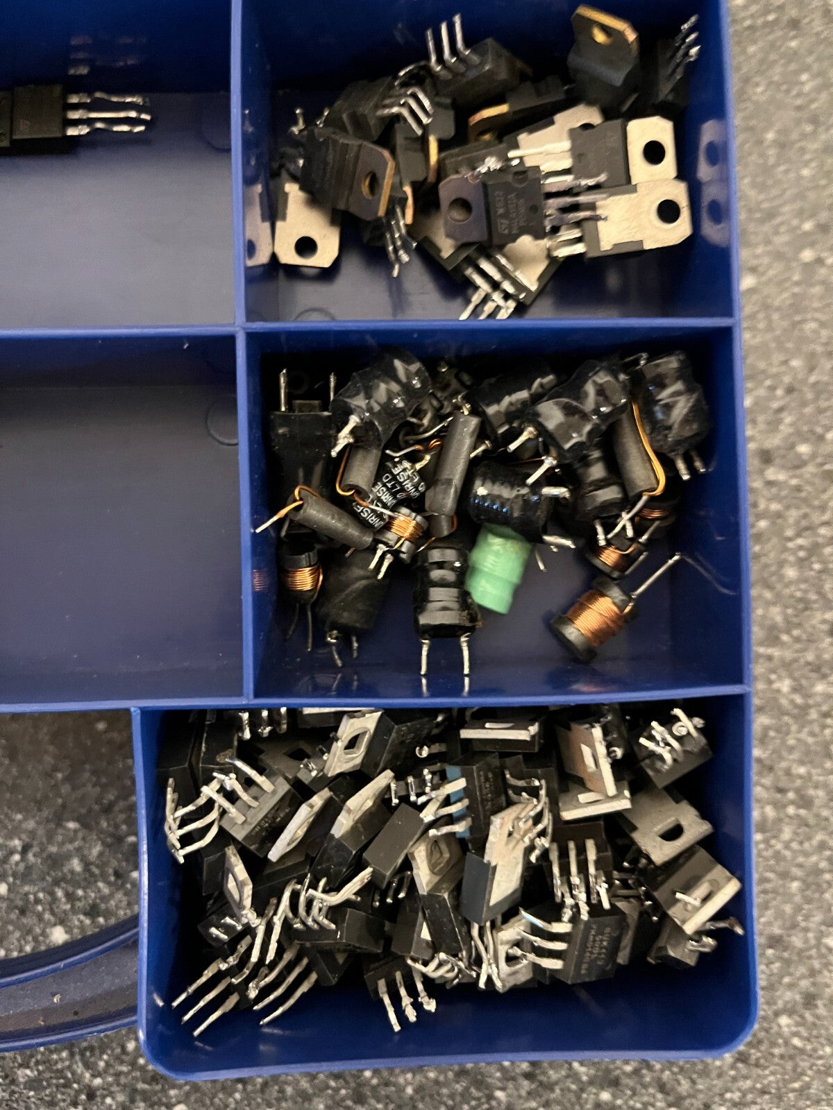 Double-Sided Organizer Box with Assorted Capacitors, IC Chips, and Electronics